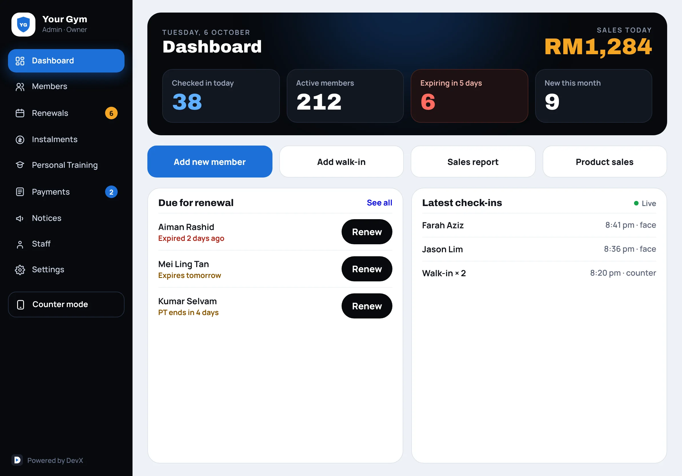 DevX admin app: Dashboard